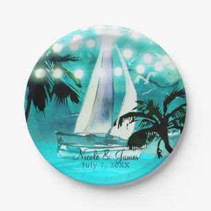 Watercolor Sailboat Palm Trees & String Lights Paper Plates