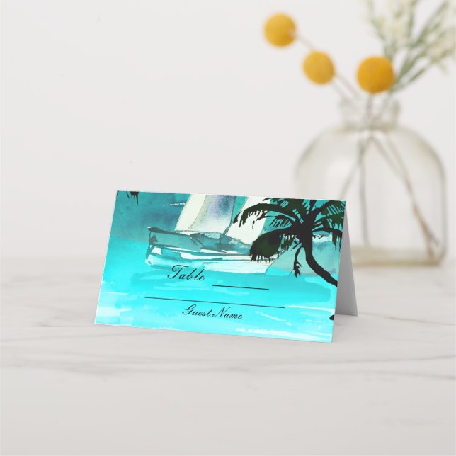 Watercolor Sailboat Palm Trees String Lights Table Place Card (Back)