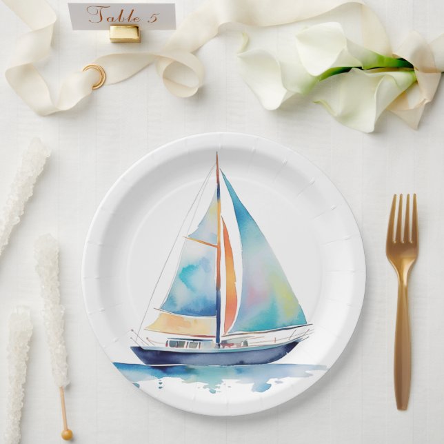 Watercolor Sailboat Paper Plates (Wedding)