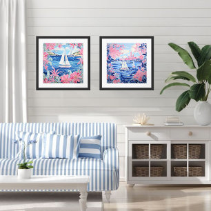 Watercolor Sailboat Pink Tropical Square Poster