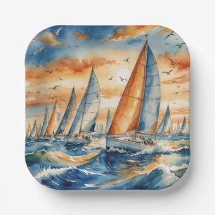 Watercolor Sailboat Regatta Paper Plates