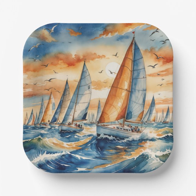 Watercolor Sailboat Regatta Paper Plates (Front)