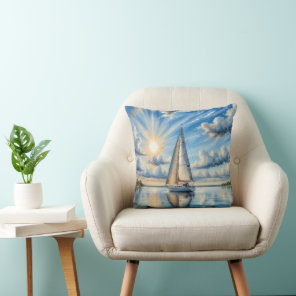Watercolor Sailboat Sailing In Sunshine Throw Pillow
