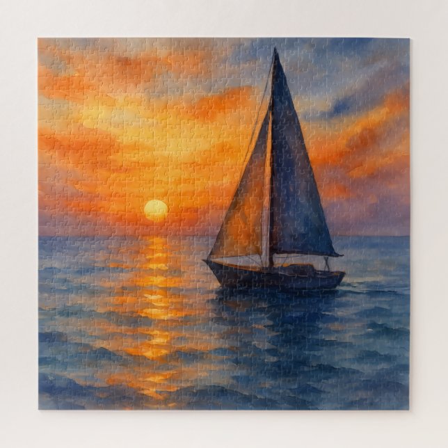 Watercolor Sailboat Serene Ocean Sunset Nautical Jigsaw Puzzle (Vertical)