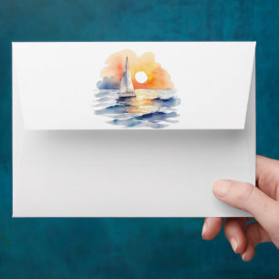 Watercolor Sailboat Sunset Seascape Wedding Envelope