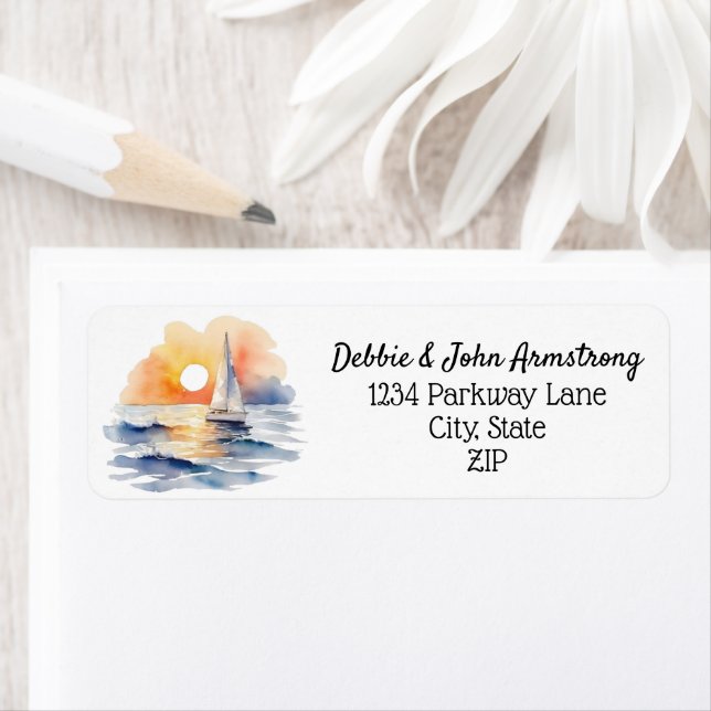 Watercolor Sailboat Sunset Seascape Wedding Label (Insitu)