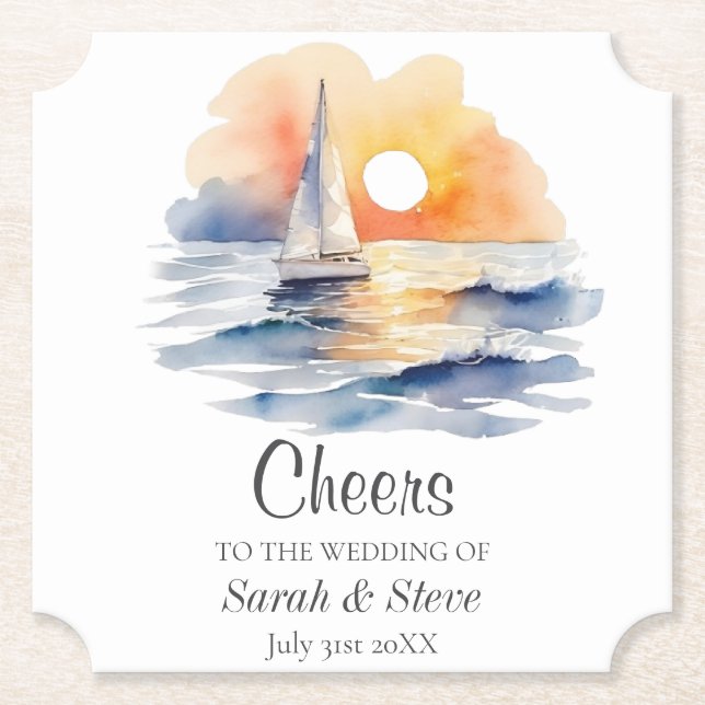 Watercolor Sailboat Sunset Seascape Wedding Paper Coaster (Front)
