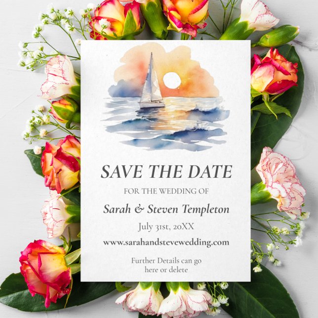 Watercolor Sailboat Sunset Seascape Wedding  Save The Date (Save The Date - Nautical Seascape Sunset Sailing Wedding Suite)