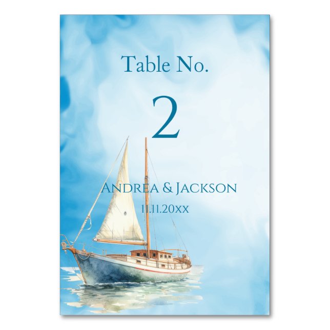 Watercolor Sailboat Wedding Table Number (Front)