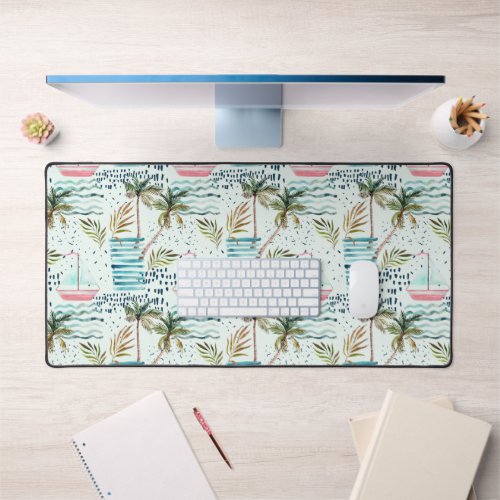Watercolor Sailboat with Palm Tree Pattern 2 Desk Mat