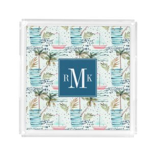 Watercolor Sailboat with Palm Tree Pattern Acrylic Tray