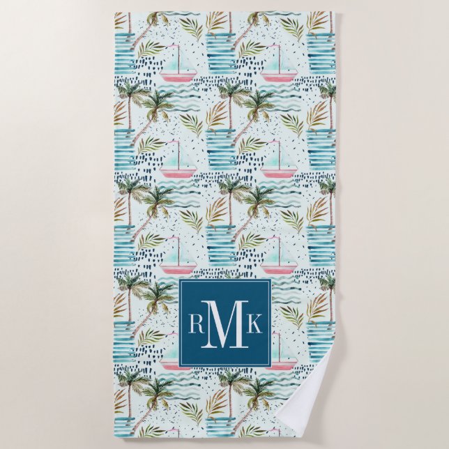 Watercolor Sailboat with Palm Tree Pattern Beach Towel (Front)