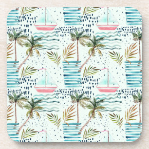 Watercolor Sailboat with Palm Tree Pattern Beverage Coaster