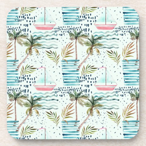 Watercolor Sailboat with Palm Tree Pattern Beverage Coaster