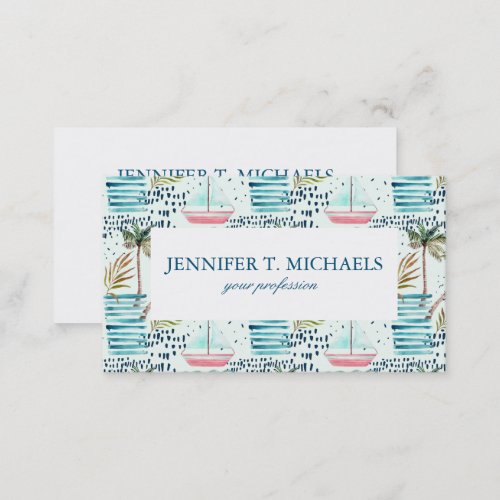 Watercolor Sailboat with Palm Tree Pattern Business Card