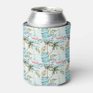 Watercolor Sailboat with Palm Tree Pattern Can Cooler