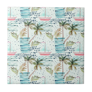 Watercolor Sailboat with Palm Tree Pattern Ceramic Tile