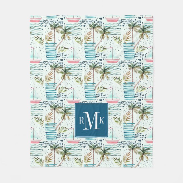 Watercolor Sailboat with Palm Tree Pattern Fleece Blanket (Front)
