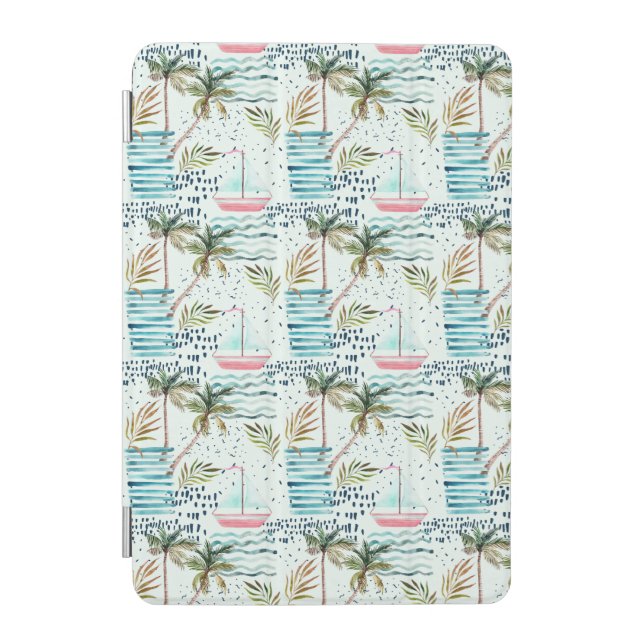 Watercolor Sailboat with Palm Tree Pattern iPad Mini Cover (Front)