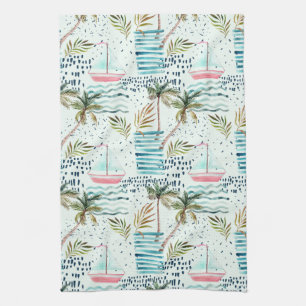 Watercolor Sailboat with Palm Tree Pattern Kitchen Towel