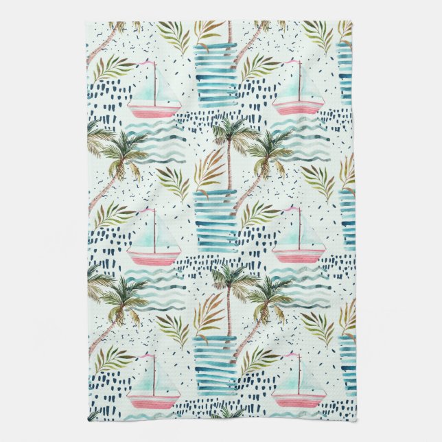 Watercolor Sailboat with Palm Tree Pattern Kitchen Towel (Vertical)