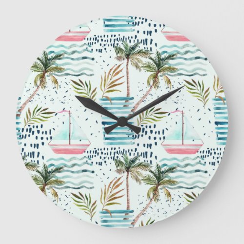 Watercolor Sailboat with Palm Tree Pattern Large Clock