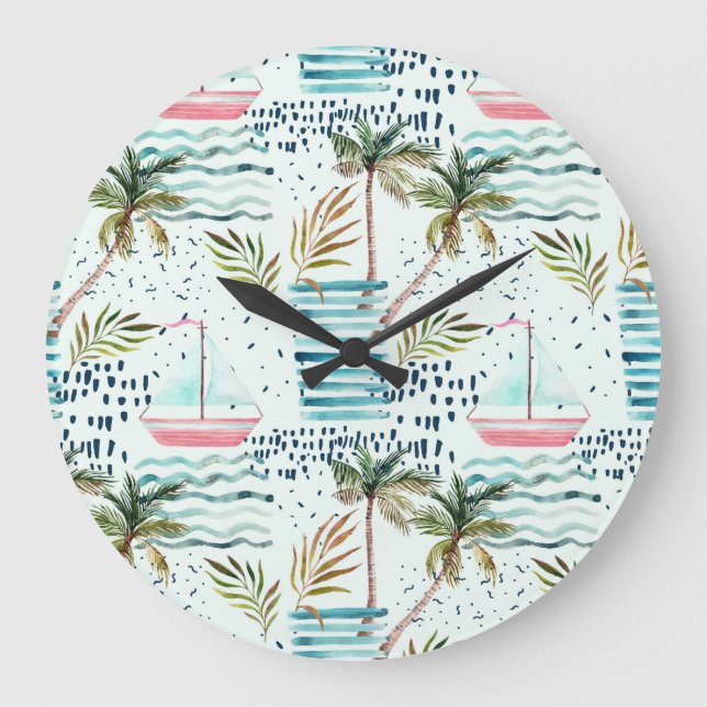 Watercolor Sailboat with Palm Tree Pattern Large Clock (Front)