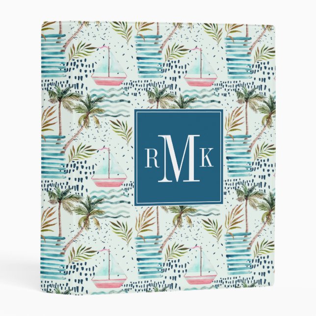 Watercolor Sailboat with Palm Tree Pattern Mini Binder (Front/Spine)