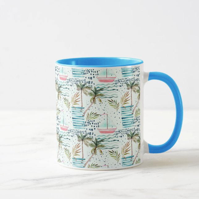 Watercolor Sailboat with Palm Tree Pattern Mug (Right)
