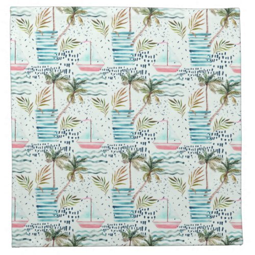 Watercolor Sailboat with Palm Tree Pattern Napkin