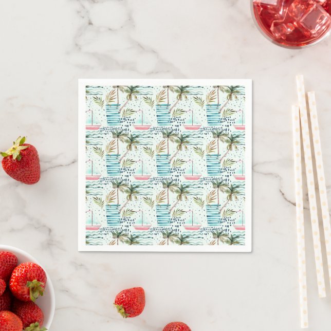 Watercolor Sailboat with Palm Tree Pattern Napkins (Insitu)