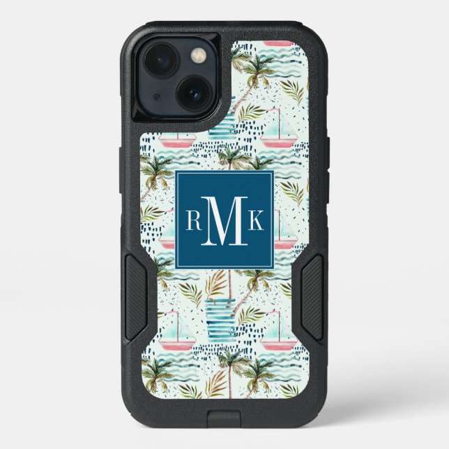 Watercolor Sailboat with Palm Tree Pattern Otterbox iPhone Case (Back)