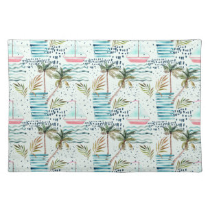 Watercolor Sailboat with Palm Tree Pattern Placemat