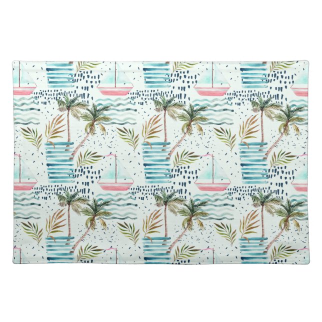 Watercolor Sailboat with Palm Tree Pattern Placemat (Front)