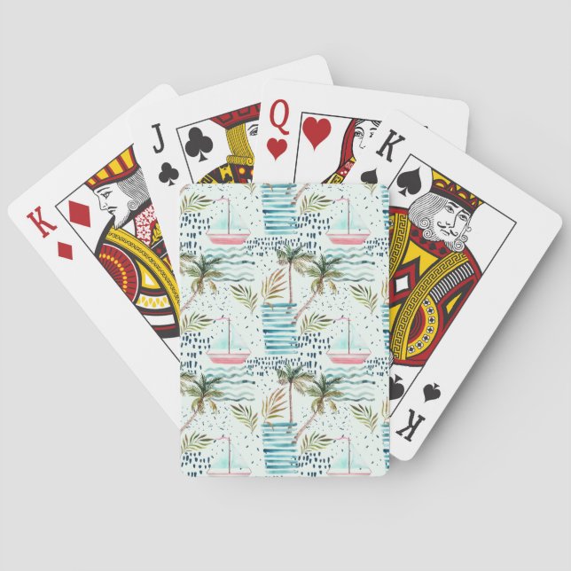 Watercolor Sailboat with Palm Tree Pattern Poker Cards (Back)
