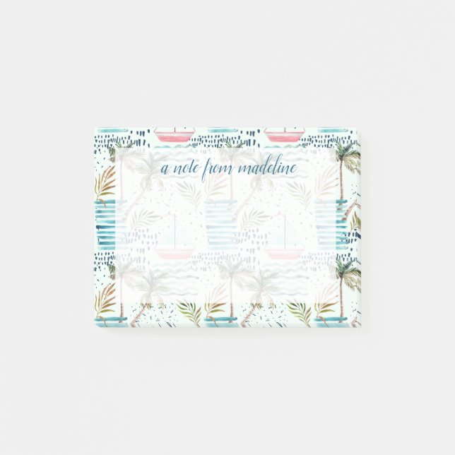 Watercolor Sailboat with Palm Tree Pattern Post-it Notes (Front)