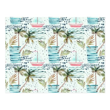 Watercolor Sailboat with Palm Tree Pattern Postcard Watercolor Sailboat with Palm Tree Pattern Postcard
