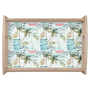 Watercolor Sailboat with Palm Tree Pattern Serving Tray