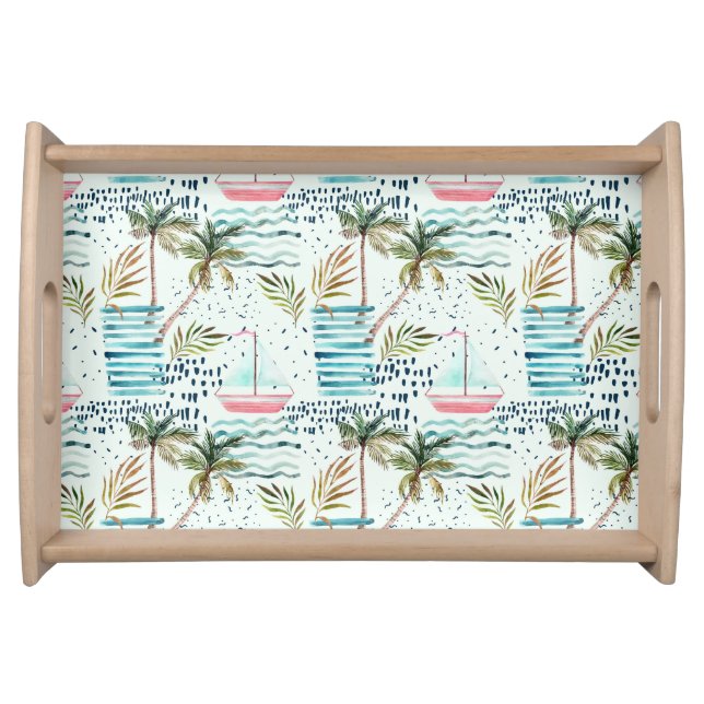 Watercolor Sailboat with Palm Tree Pattern Serving Tray (Front)