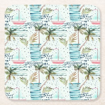 Watercolor Sailboat with Palm Tree Pattern Square Paper Coaster Watercolor Sailboat with Palm Tree Pattern Square Paper Coaster