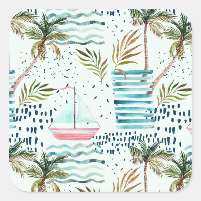 Watercolor Sailboat with Palm Tree Pattern Square Sticker (Front)