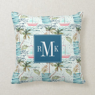 Watercolor Sailboat with Palm Tree Pattern Throw Pillow