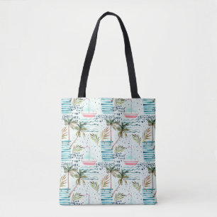 Watercolor Sailboat with Palm Tree Pattern Tote Bag
