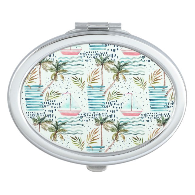 Watercolor Sailboat with Palm Tree Pattern Vanity Mirror (Front)