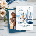 Watercolor Sailboats and Photo Coastal Wedding Save The Date<br><div class="desc">Announce your upcoming nautical-themed wedding with this elegant watercolor save the date card. Featuring a charming coastal scene of sailboats gracefully gliding across the water, this design captures the serenity and romance of a waterfront or seaside celebration. The soft color palette and artistic watercolor style create a sophisticated and memorable...</div>