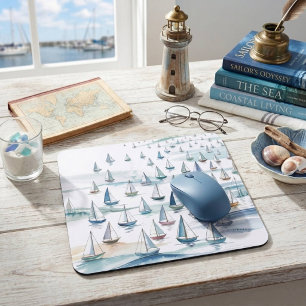 Watercolor Sailboats at Sea Nautical Mouse Pad