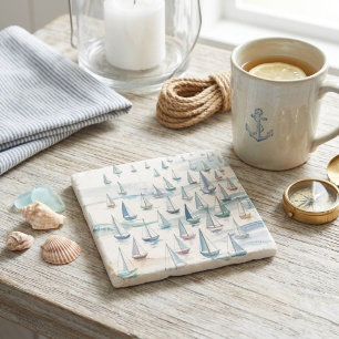 Watercolor Sailboats at Sea Nautical Stone Coaster