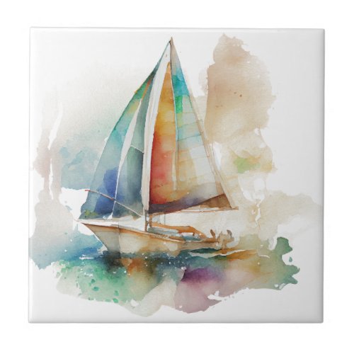 Watercolor Sailboats Ceramic Tile