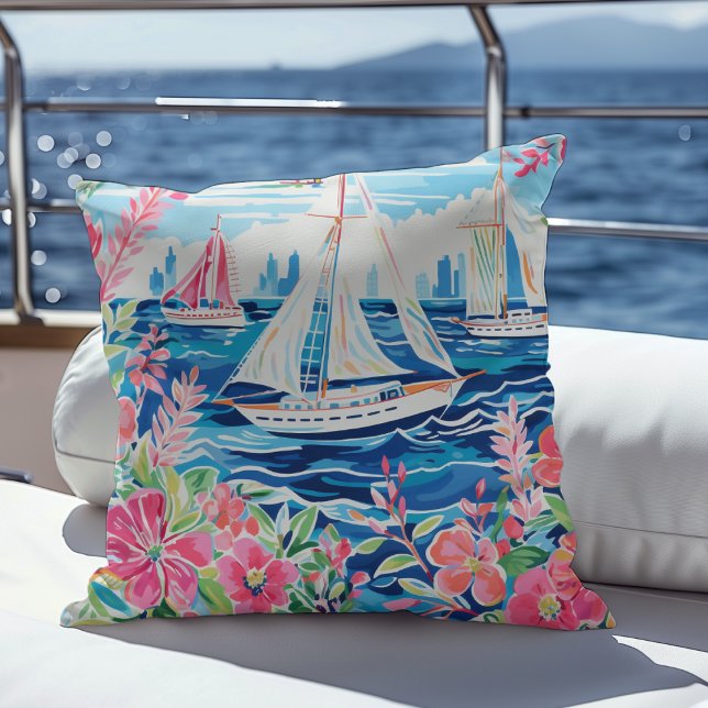 Watercolor Sailboats Coastal Pink Floral Cityscape Throw Pillow (Creator Uploaded)