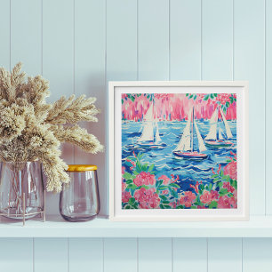 Watercolor Sailboats Pink Floral Preppy Coastal Peel And Stick Photo Tile
